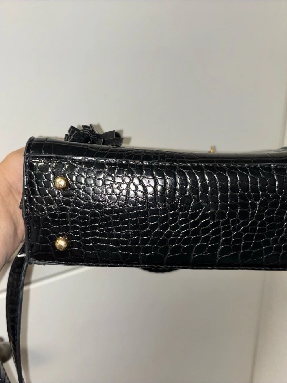 bebe Black Croc-Embossed Satchel with Gold Accents